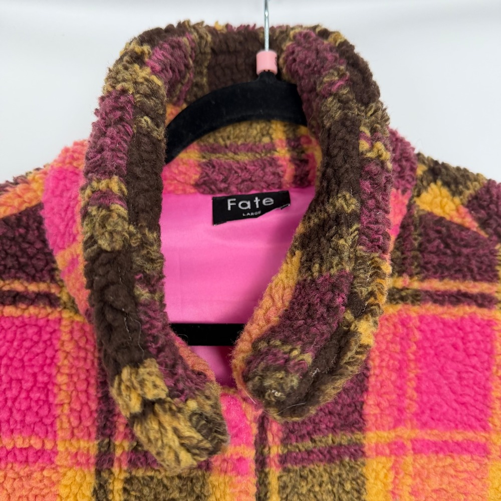Fate Women's Pink Multi Plaid Sherpa Oversized Fleece Cozy Core Jacket  Large - Picture 6 of 8